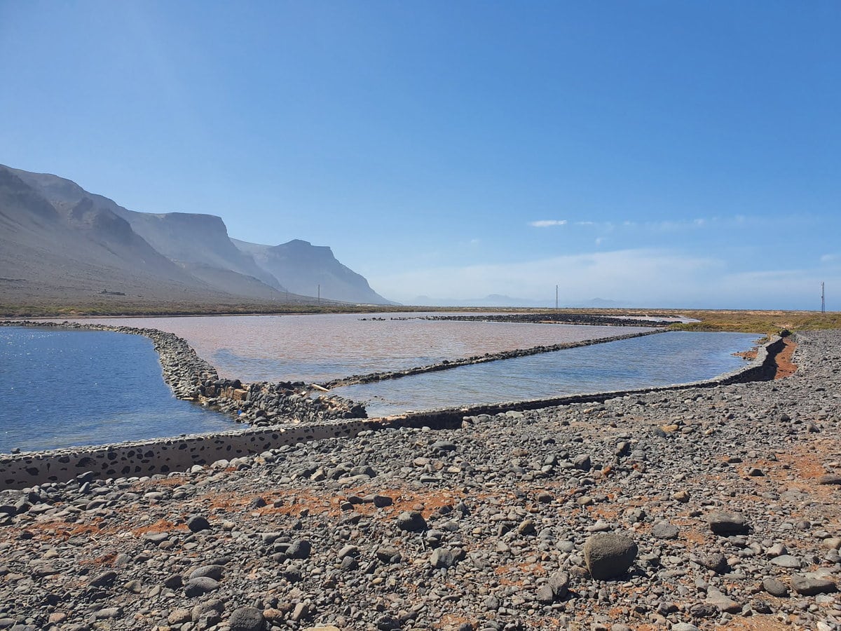 Rötliche Salzbecken der Salinas del Río am Fuß der Steilküste im Norden Lanzarotes