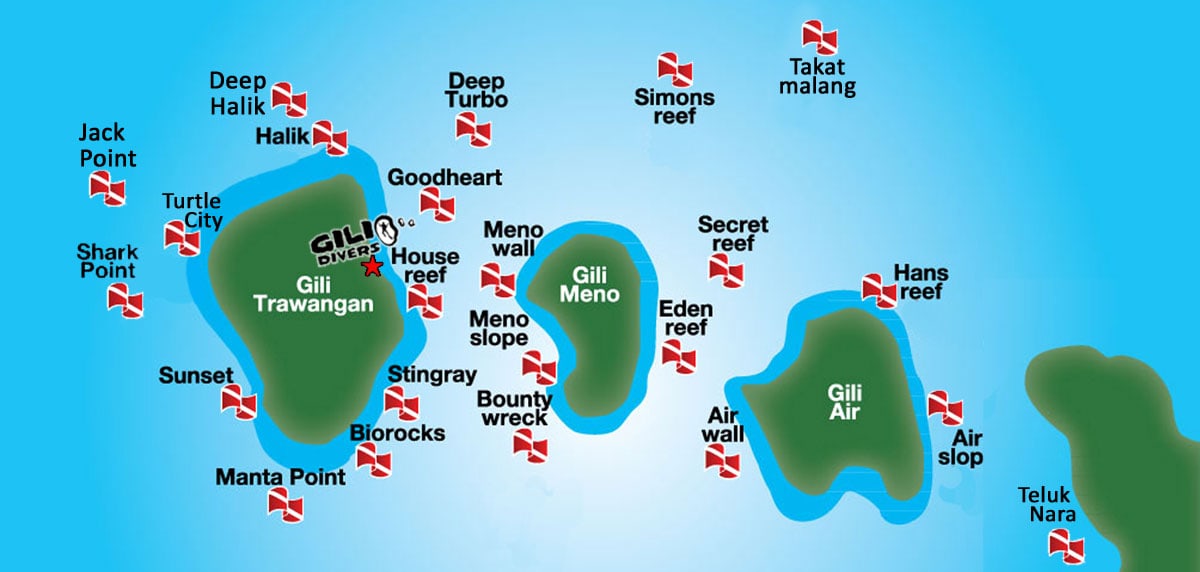 Karte: Schnorchel Spots rund um die Gili Inseln