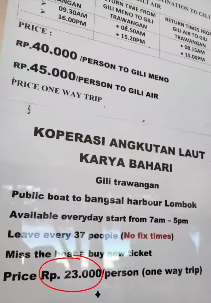 Preisliste für Tickets von Gili Trawangan nach Lombok
