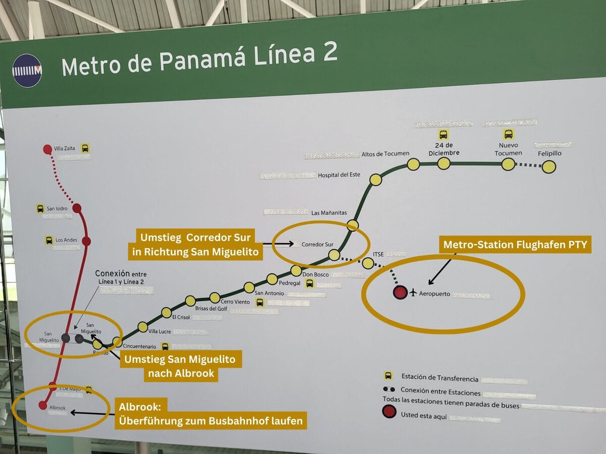 Metro vom Flughafen Panama City nach Albrook Busbahnhof mit Umsteigen