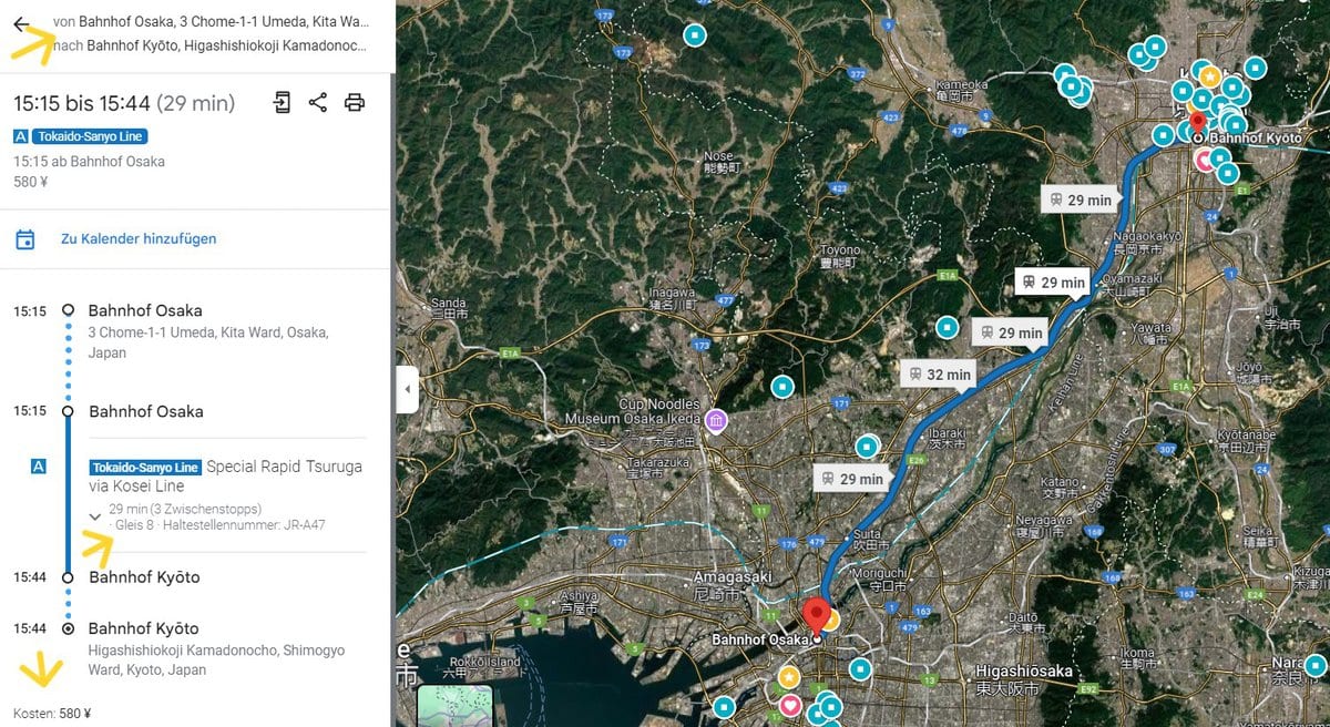 Zugverbindung zwischen Osaka und Kyoto bei Google Maps