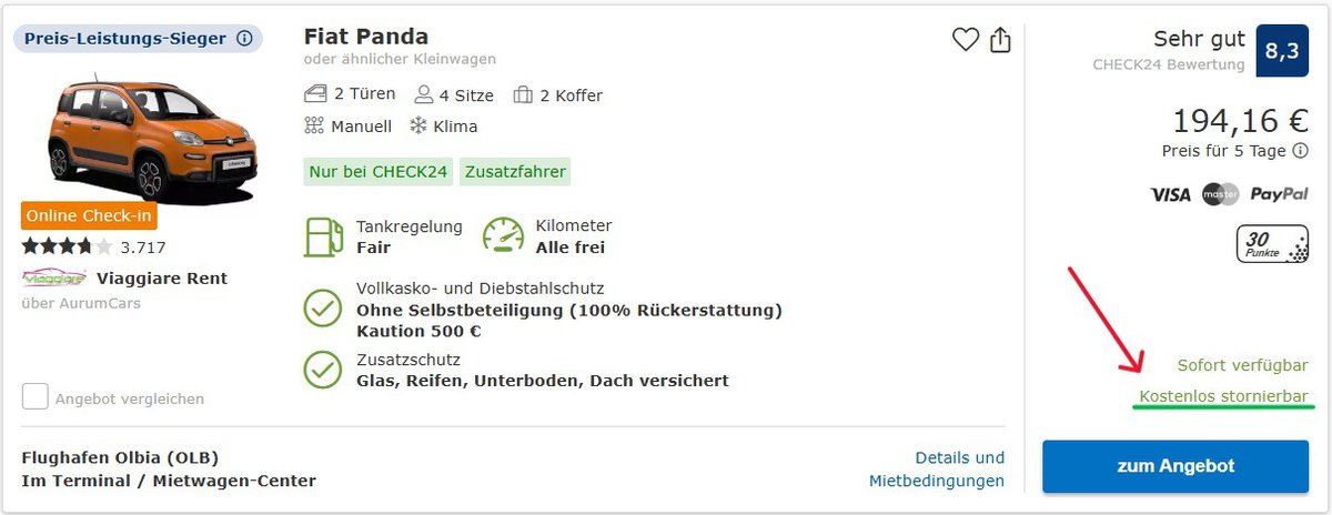 Achte bei der Suche nach deinem Mietwagen für Sardinien darauf, dass dieser kostenlos stornierbar ist.