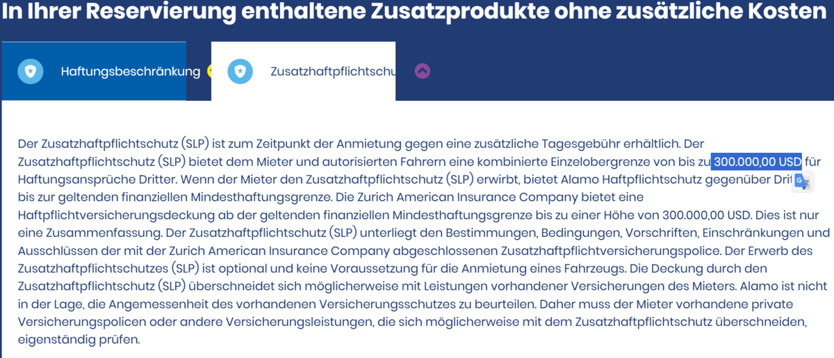 Deckungssumme der Haftpflichtversicherung für einen Mietwagen in den USA bei Anbieter Alamo