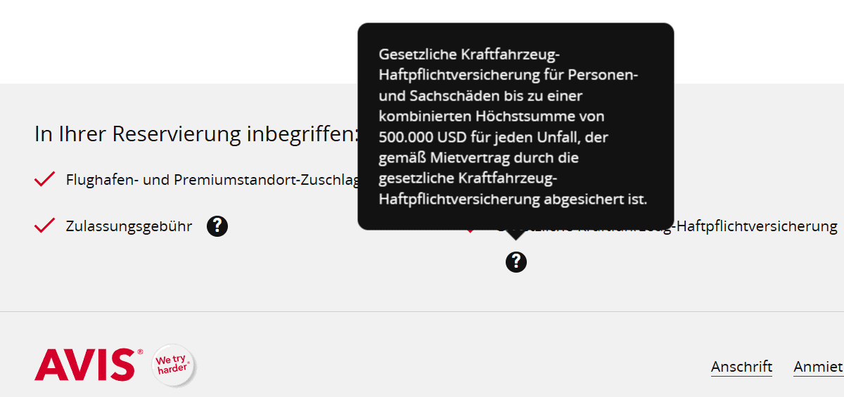 Deckungssumme der Haftpflichtversicherung für einen Mietwagen in den USA bei Anbieter Avis