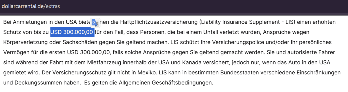 Deckungssumme der Haftpflichtversicherung für einen Mietwagen in den USA bei Anbieter Dollar