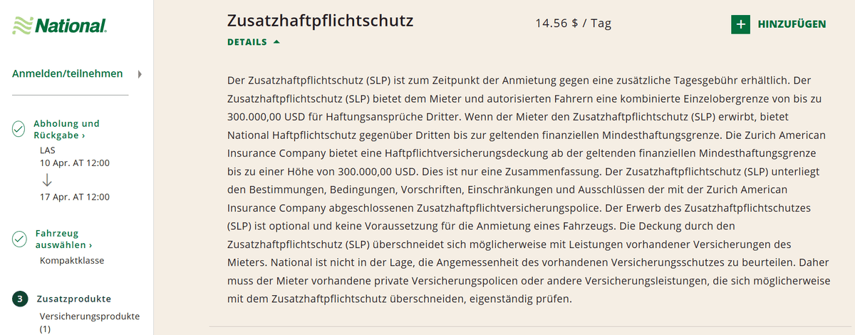 Deckungssumme der Haftpflichtversicherung für einen Mietwagen in den USA bei Anbieter National