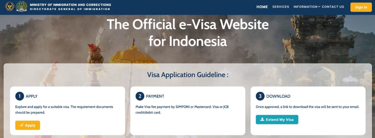 Startseite der Webseite zu Beantragung des e-Visums für Indonesien (eVoA)