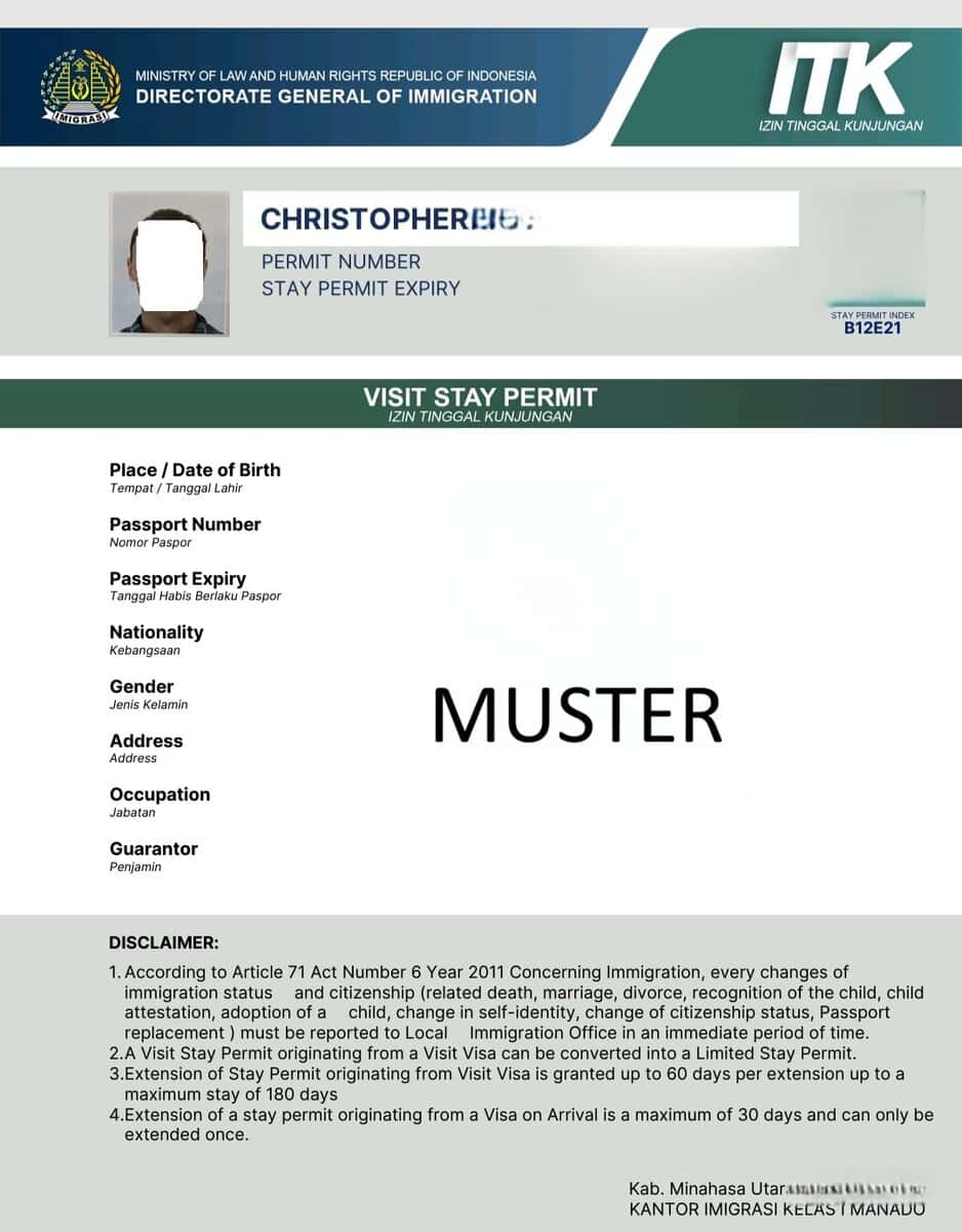 Muster: So sieht die Verlängerung des eVoA Visa on Arrival in Indonesien (B1) aus
