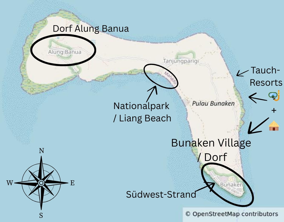Bunaken Village und Karte von den wichtigsten Punkten auf Bunaken