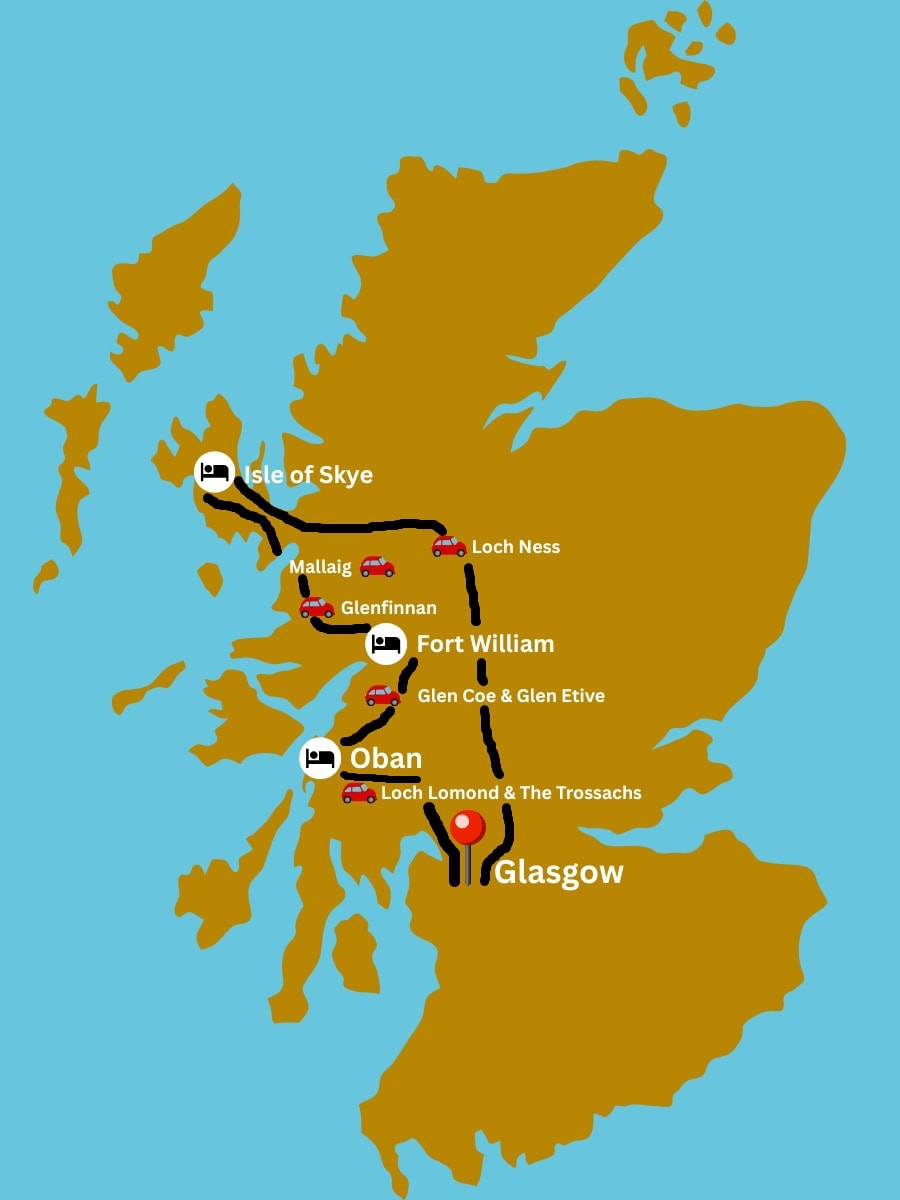 Schottland Rundreise Route ab Glasgow entlang der Westküste bis zur Isle of Skye