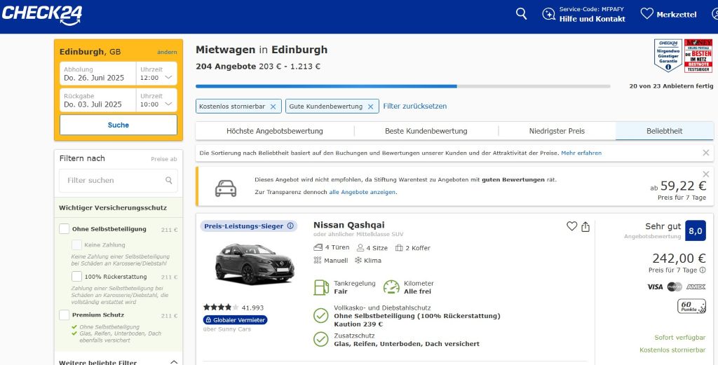 Mietwagenvergleich bei Check24