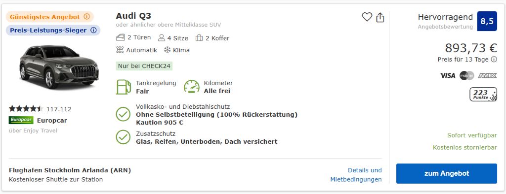 Mietwagen über Check24 ab Stockholm Flughafen