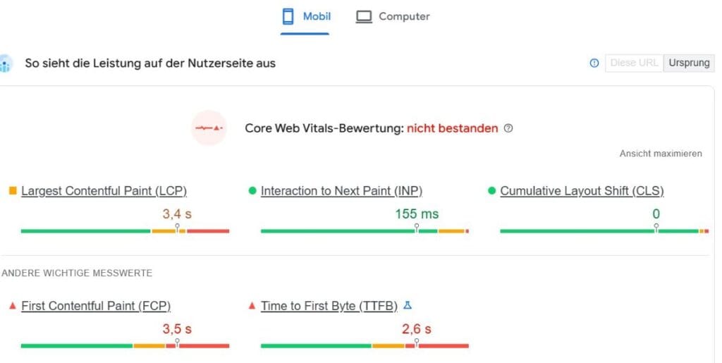 Core Web Vitals und Pagespeed vor dem Umzug zu HostPress