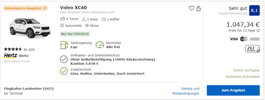 Mietwagen für Schweden ab Göteborg Flughafen über Check24