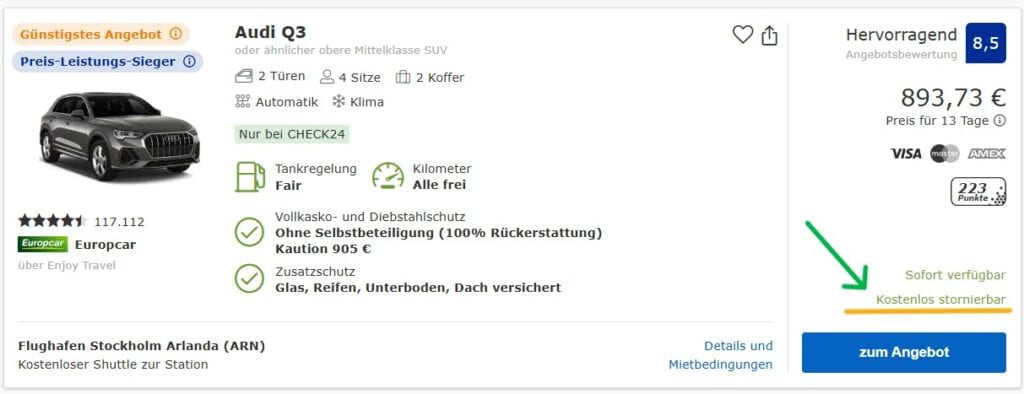 Mietwagenvergleich mit kostenfreier Stornierung für Stockholm