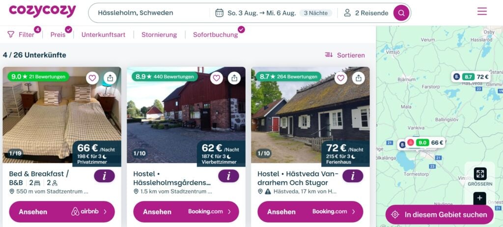 Unterkünfte finden über die Vergleichsplattform Cozycozy