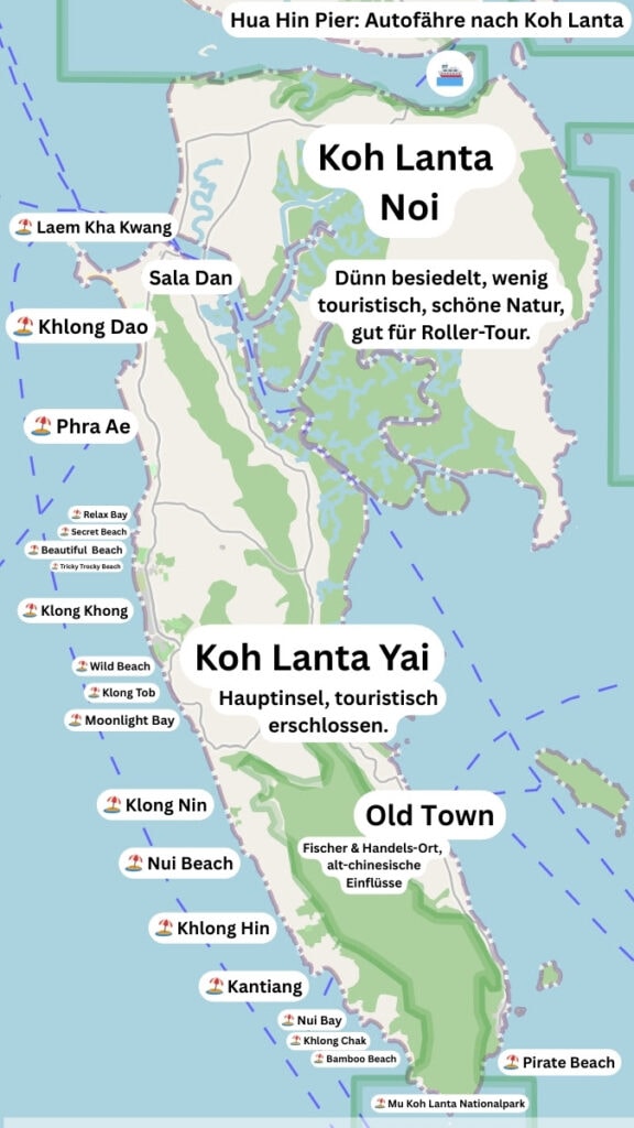Karte mit allen Stränden von Koh Lanta (Thailand)