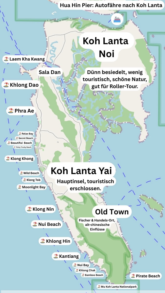 Karte mit allen Stränden von Koh Lanta (Thailand)