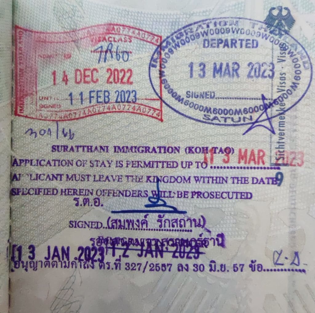 Einreisestempel und Visum für Thailand (Visa on Arrival) und Verlängerung