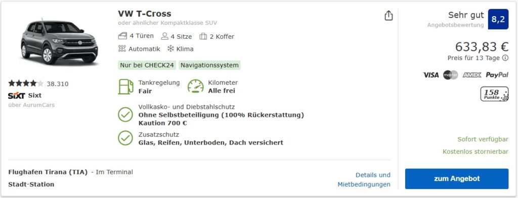 Angebot von Check24 für eine Mietwagen in Albanien für 2 Wochen ab Tirana Flughafen