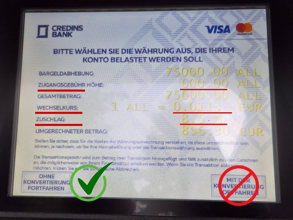 Gebühren, die Geldautomaten in Albanien beim Geld abheben berechnen