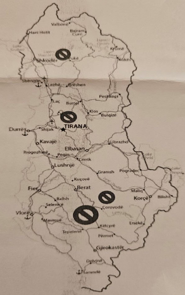 Karte der Orte in Albanien, die wir mit unserem ersten Mietwagen nicht befahren durften