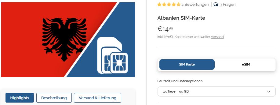 SIM-Karte für Albanien online bei TravSIM kaufen