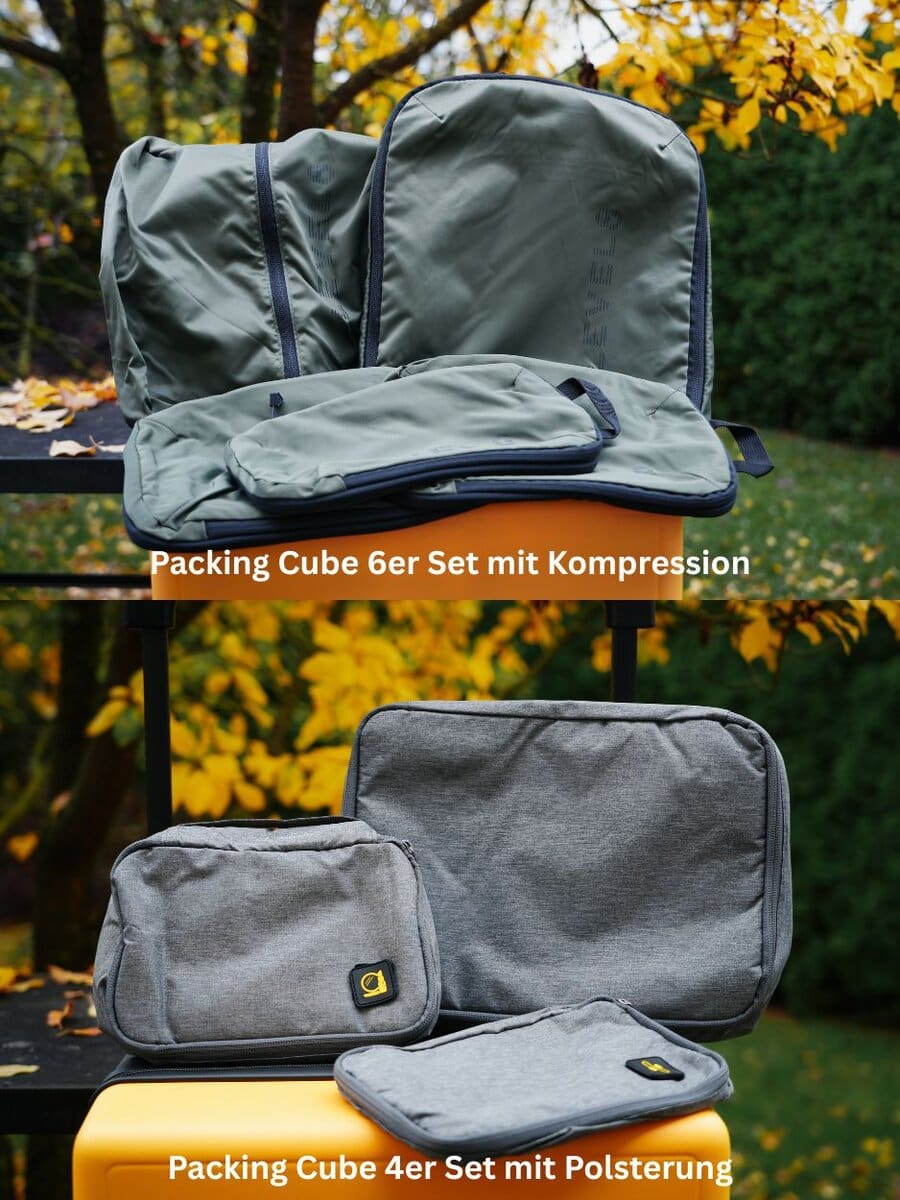 Packing Cubes von Level8: Mit Kompression (6er Set) und mit Polsterung (4er Set)