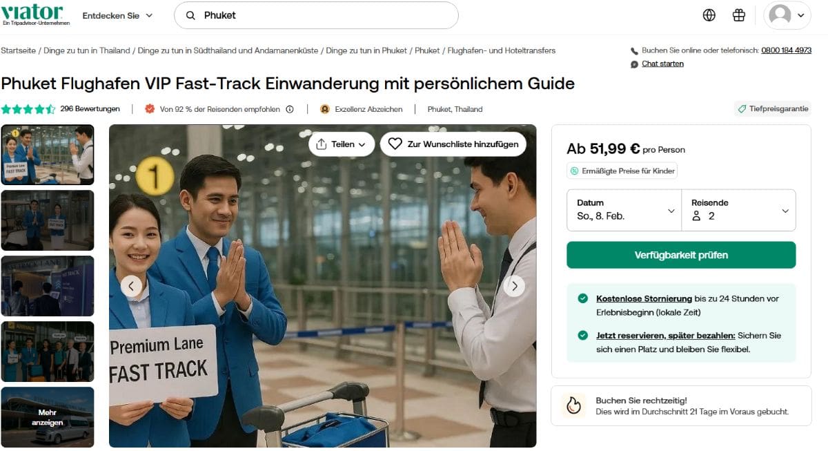 Screenshot des Fast-Track-Angebots, das man online über Viator buchen kann