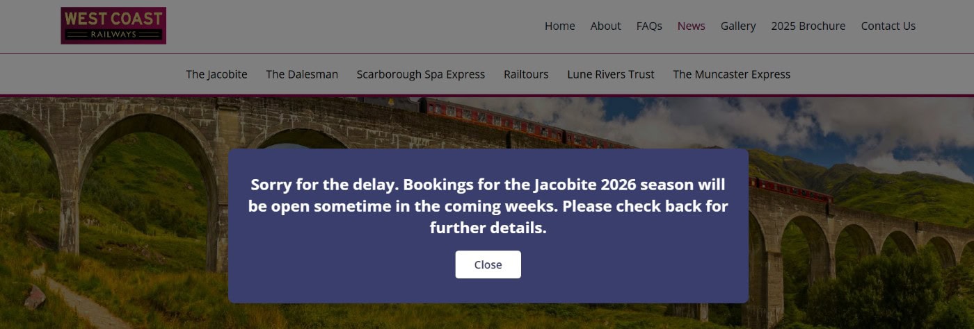 Webseite von West Coast Railway sagt: Buchung für den Jacobite soll in den kommenden Wochen starten