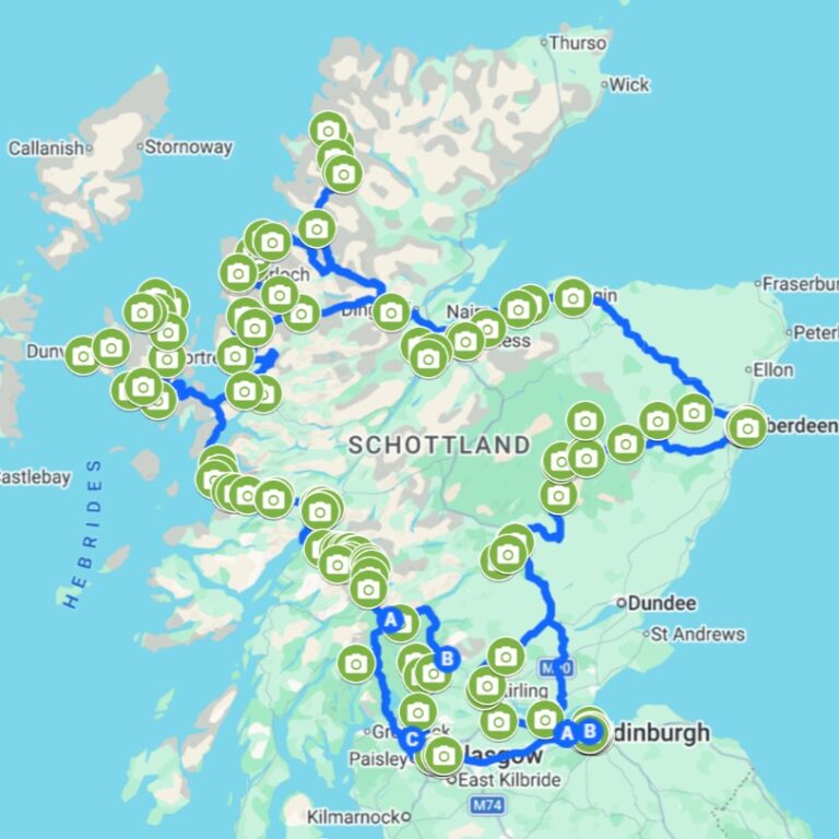 Route für eine Rundreise von 10 Tagen durch Schottland, mit Sehenswürdigkeiten und Empfehlungen für passende Unterkünfte entlang der Route