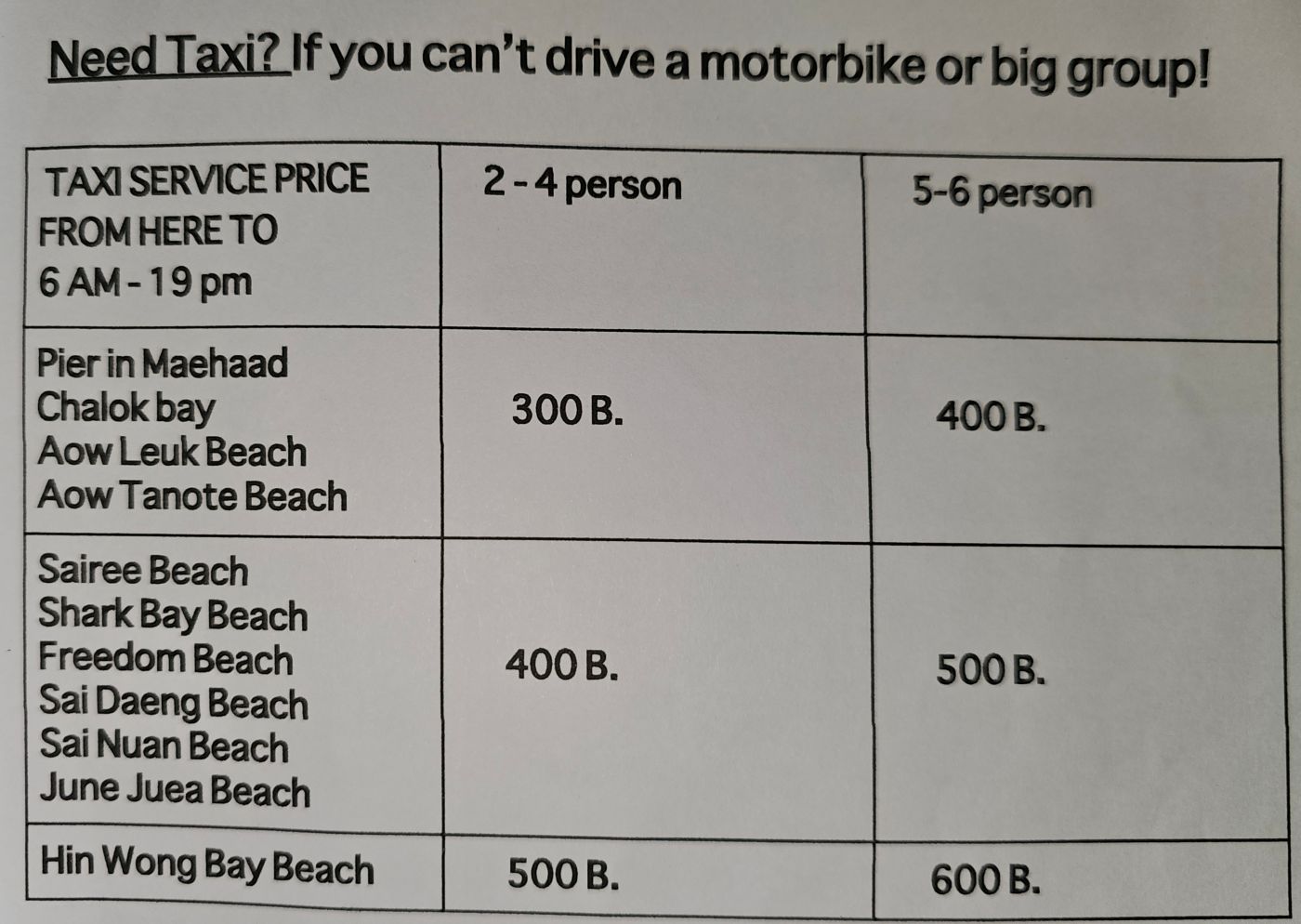 Taxipreise auf Koh Tao