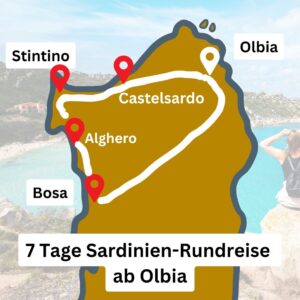 Route für eine siebentägige Rundreise mit dem Mietwagen auf Sardinien ab Olbia