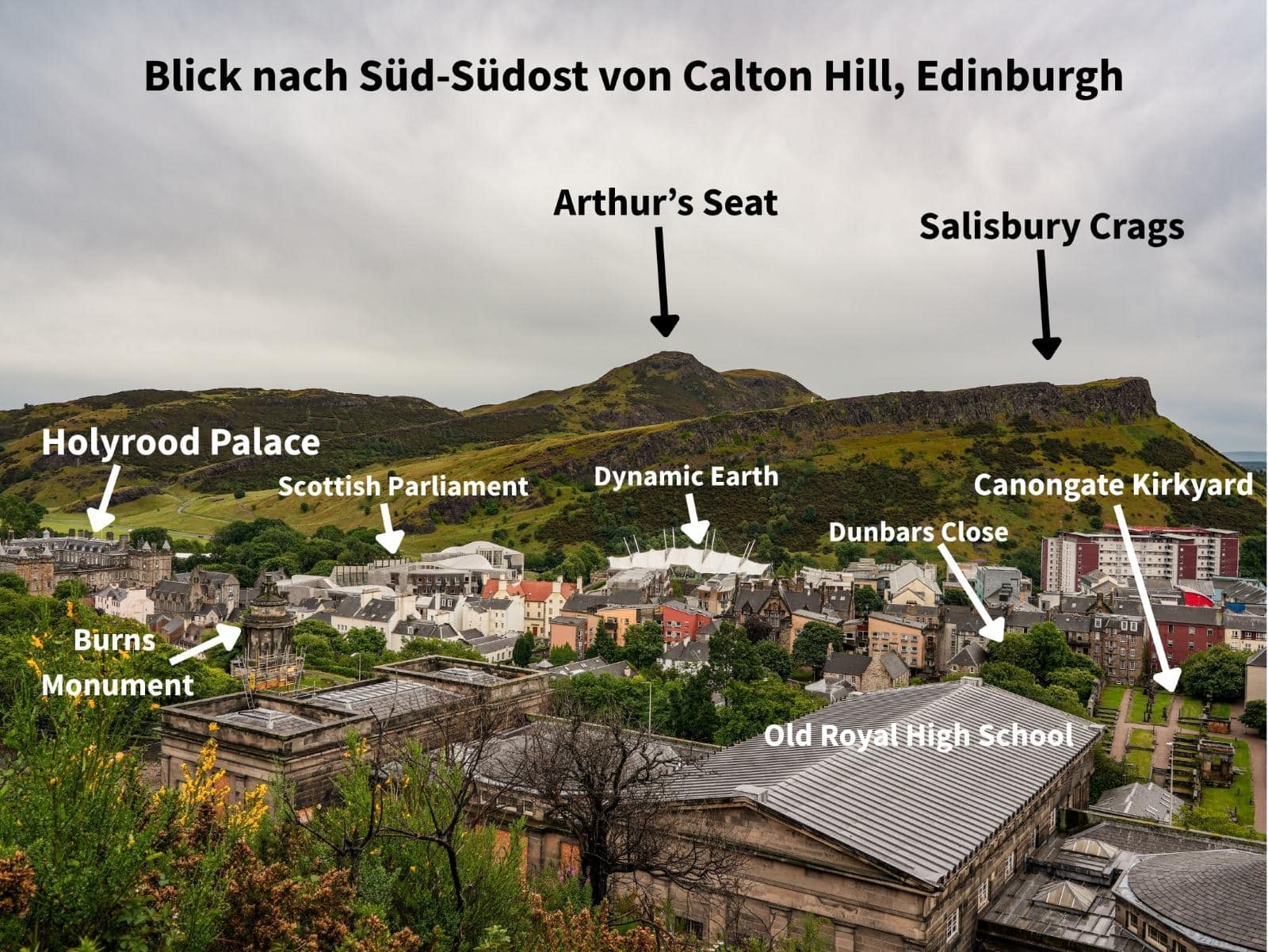 Ausblick auf den Arthur's Seat und Holyrood, vom Calton Hill