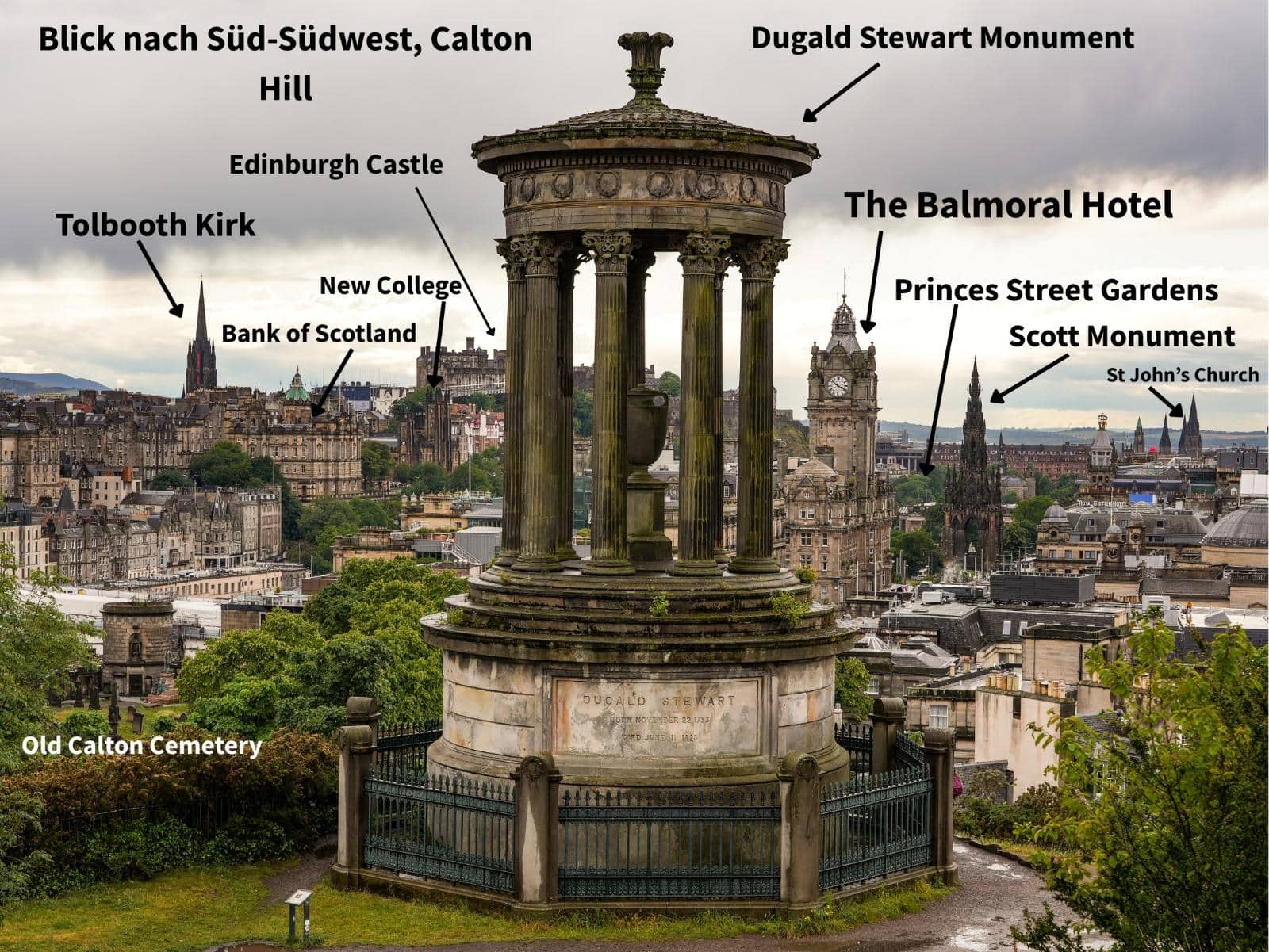 Blick auf die Altstadt von Edinburgh auf dem Calton Hill, mit Namen der Gebäude, die zu sehen sind