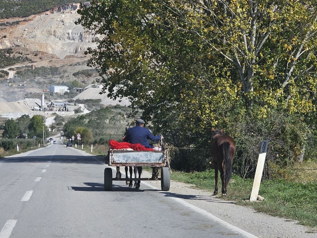 Eselkarren in Korca, Albanien, der Äpfel transportiert
