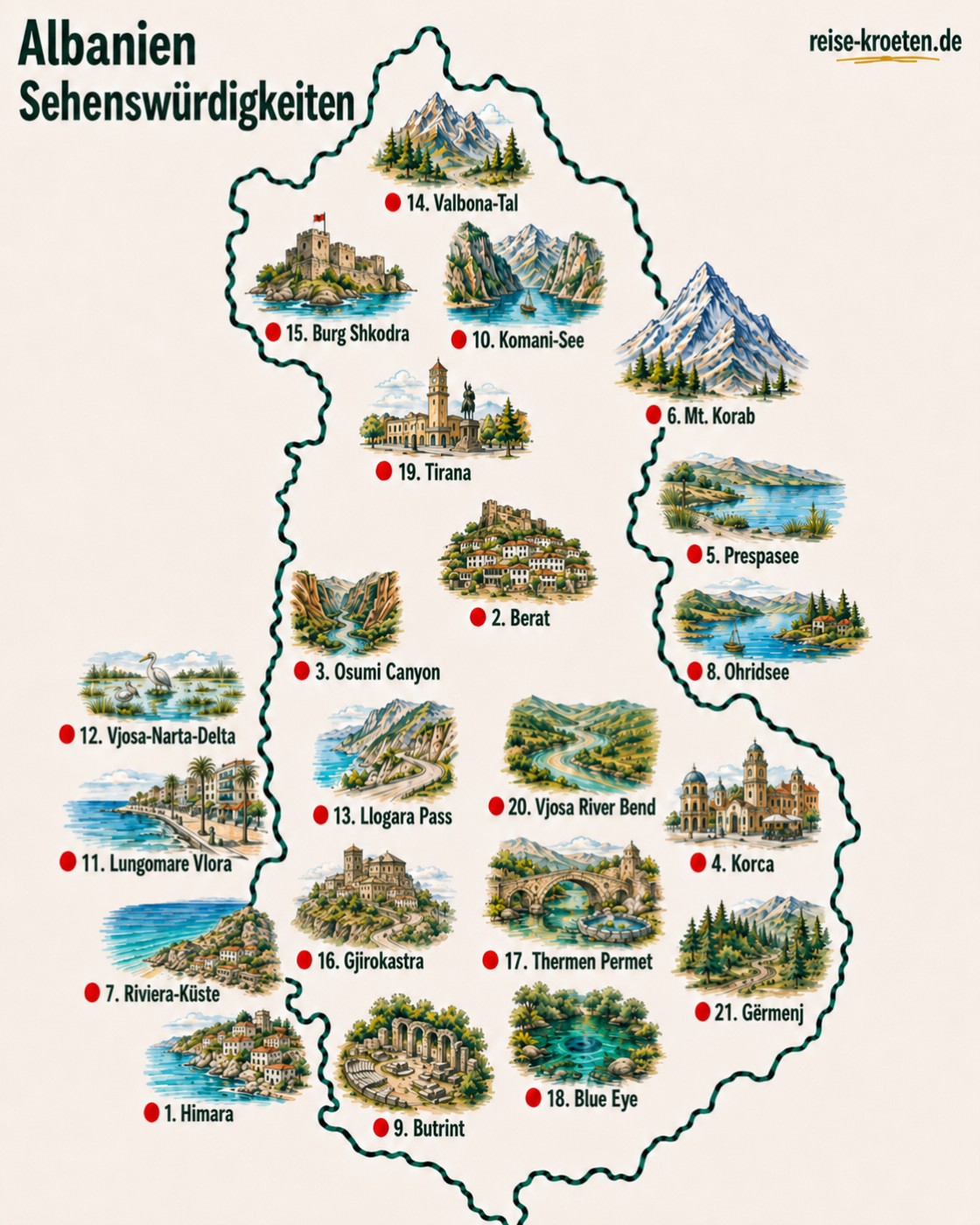Karte der Sehenswürdigkeiten von Albanien, die wir empfehlen