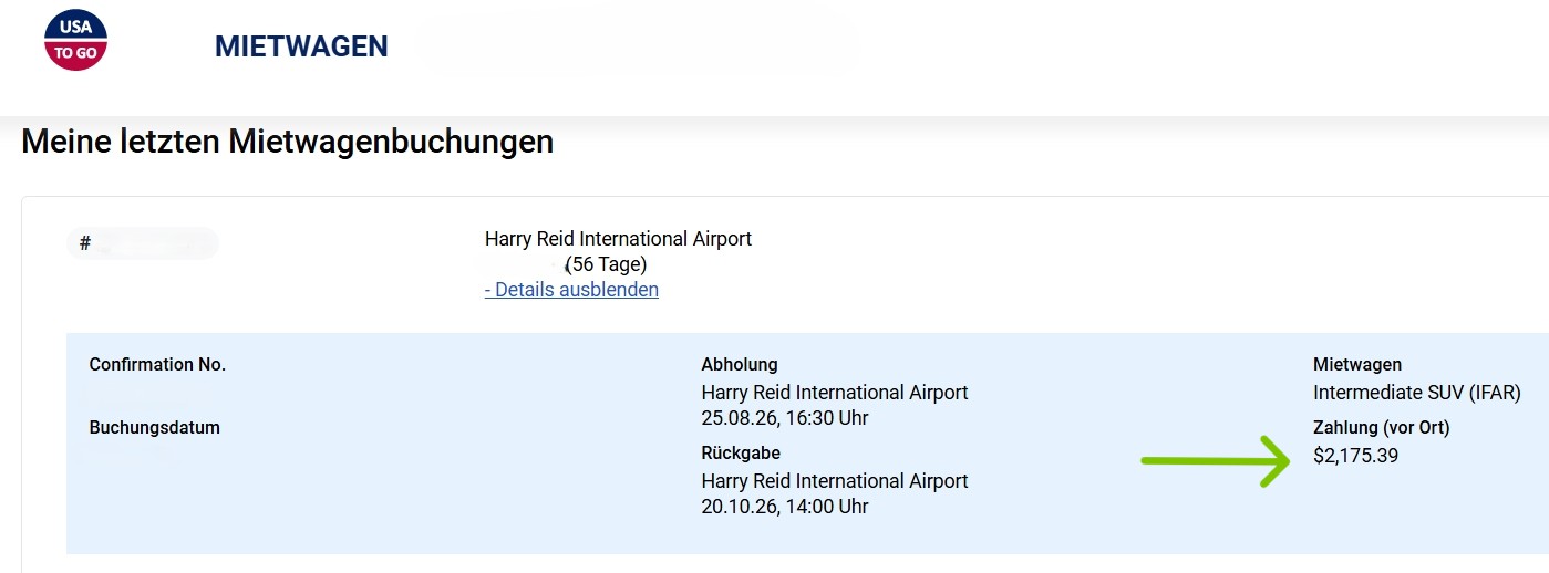 Buchungsbestätigung unseres Mietwagens in Las Vegas, am Flughafen bei Alamo