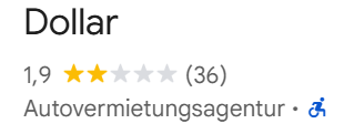 Screenshot der Bewertungen der Mietwagenfirma Dollar am Flughafen Las Vegas