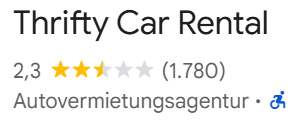 Screenshot der Bewertungen und Thrifty am Las Vegas Flughafen