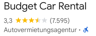 Screenshot der Bewertungen der Mietwagenfirma Budget am Flughafen Las Vegas
