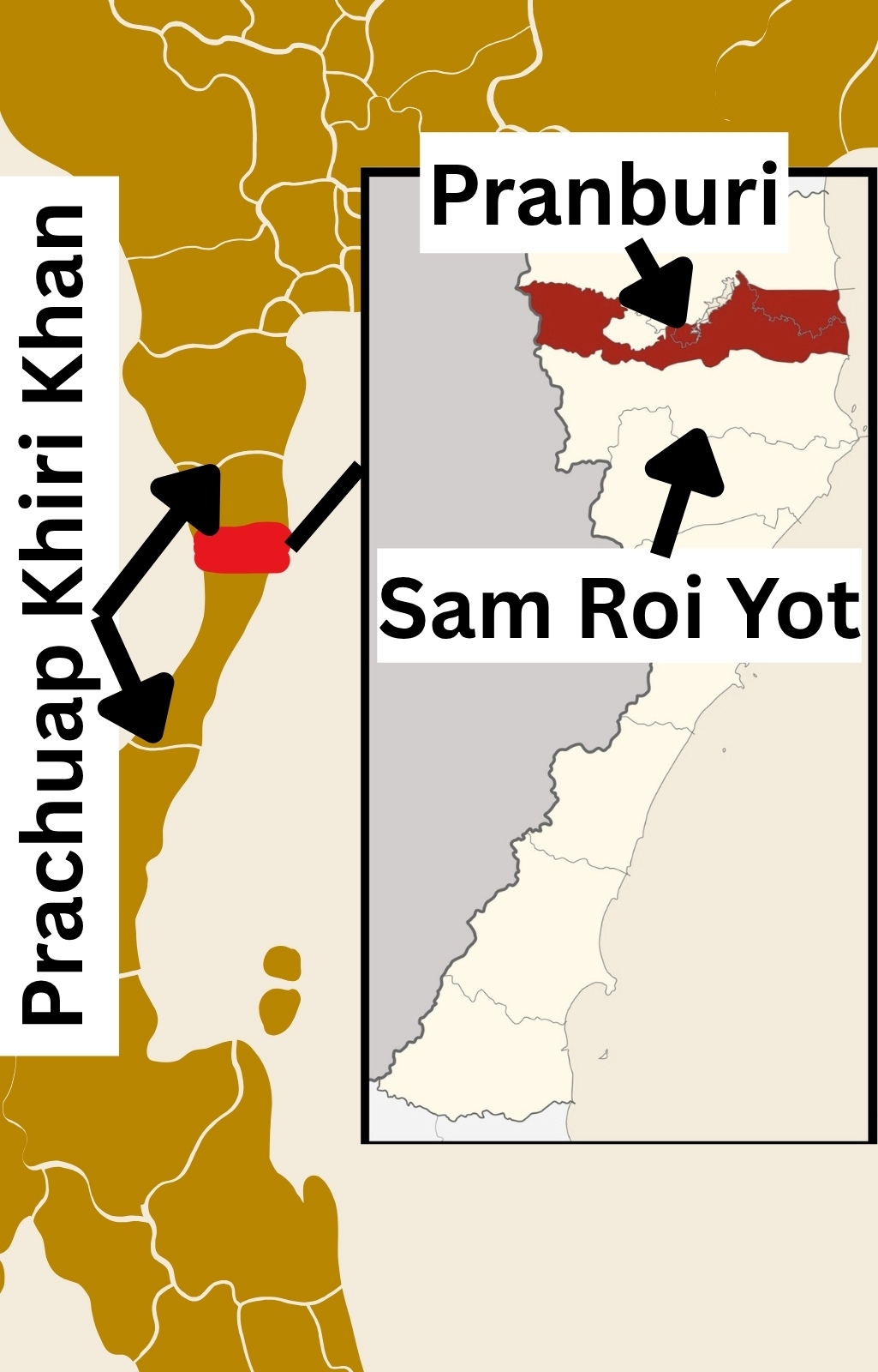 Schaubild über die Lage der Region Pran Buri am Golf von Thailand, zwischen Hua Hin und Sam Roi Yot