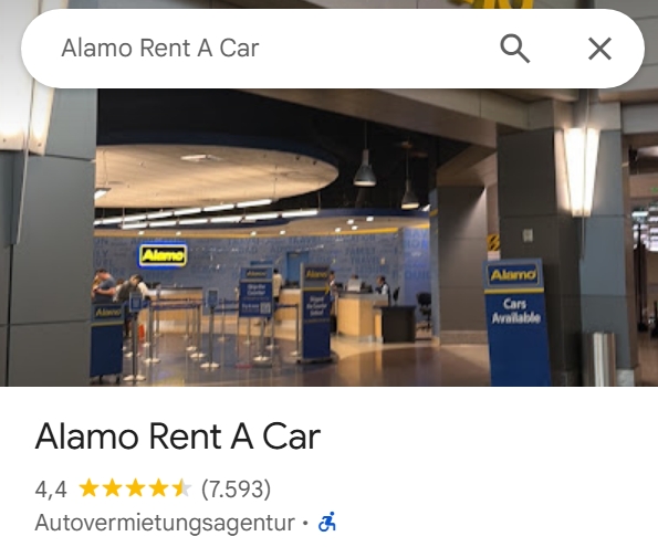Bewertungen für die Mietwagenstation von Alamo in Las Vegas am Flughafen laut Google Maps