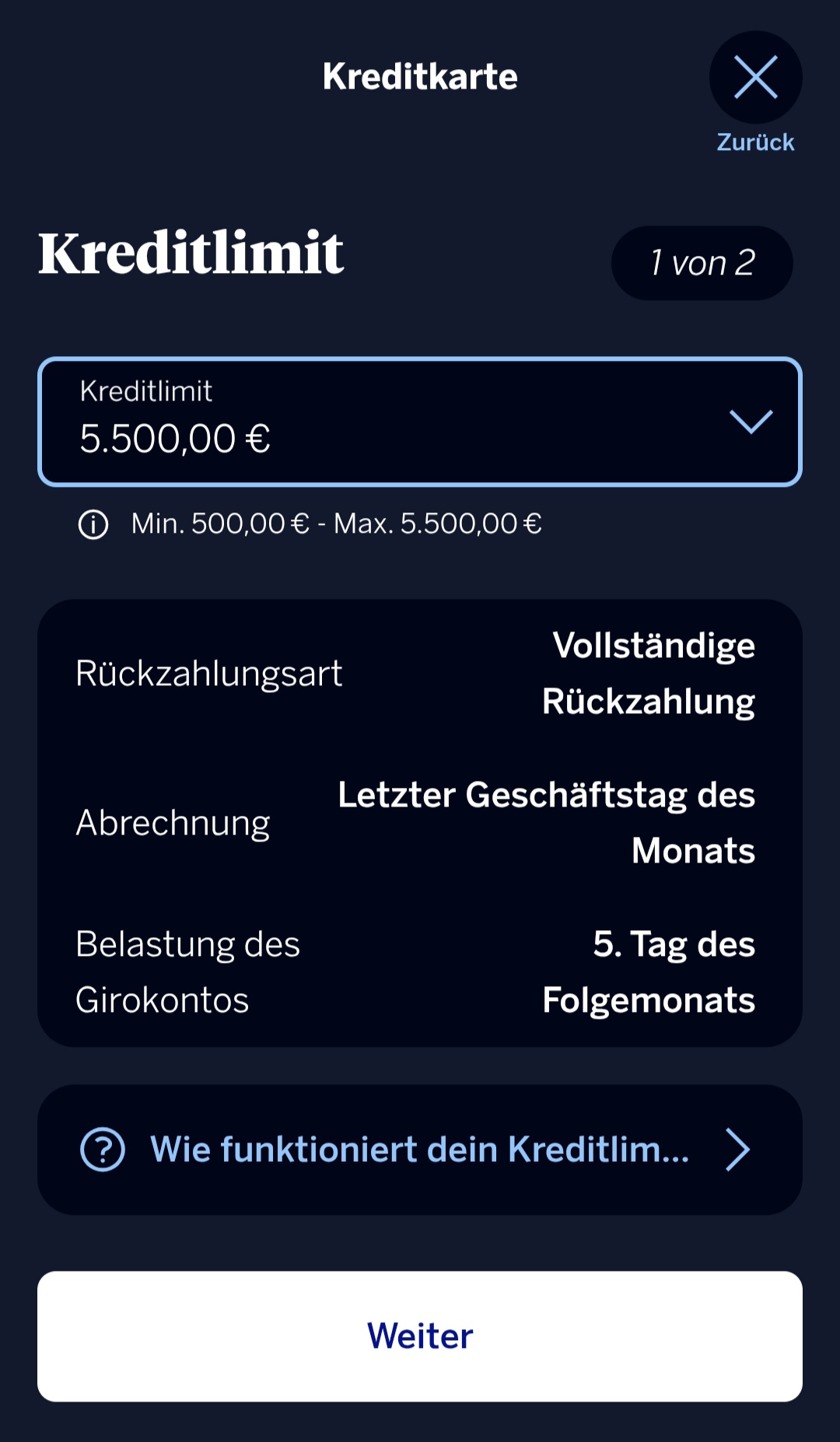 Auswahl des Kreditlimits im Antrag der BBVA Kreditkarte und Einstellung der Rückzahlungsart, voreingestellt auf vollständige Zahlung