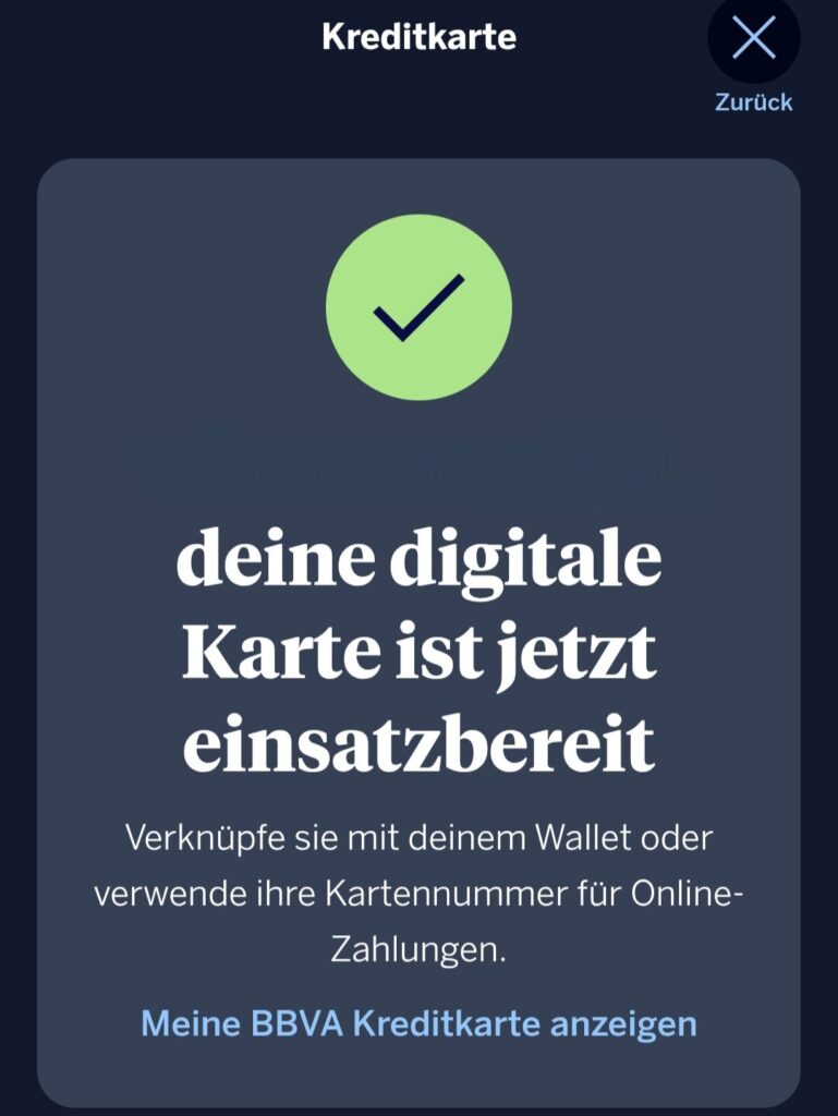 Virtuelle BBVA Kreditkarte in der App direkt nach dem Antrag einsatzbereit