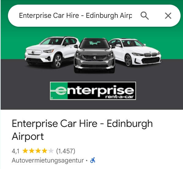 Bewertung auf Google Maps für Enterprise Mietwagen in Edinburgh