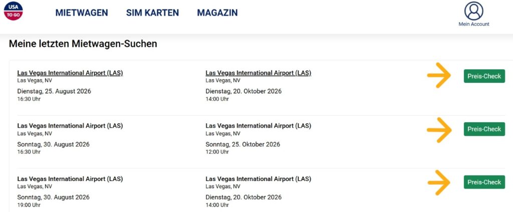 Preise für Mietwägen in den USA regelmäßig vor dem Urlaub prüfen wegen Preisschwankungen