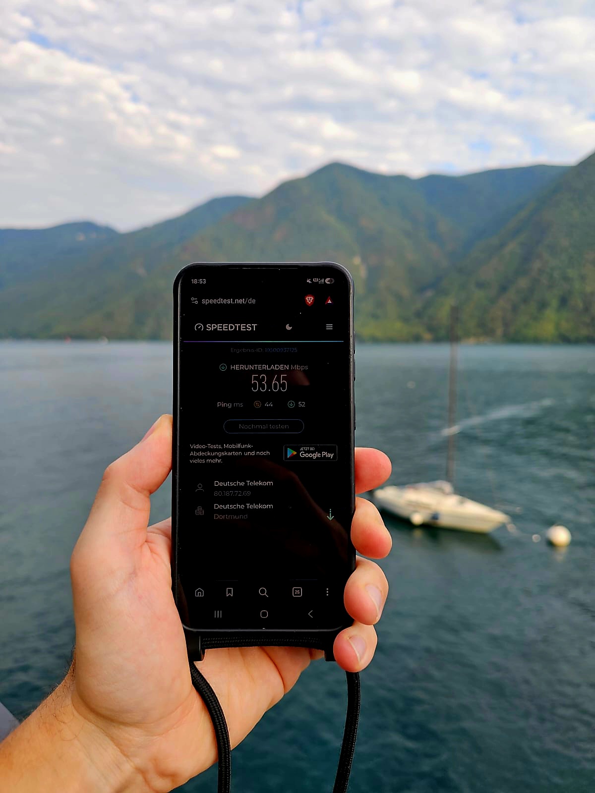 Speedtest mit 53 Mbps im mobilen Netz in der Schweiz bei Castagnola am Luganersee