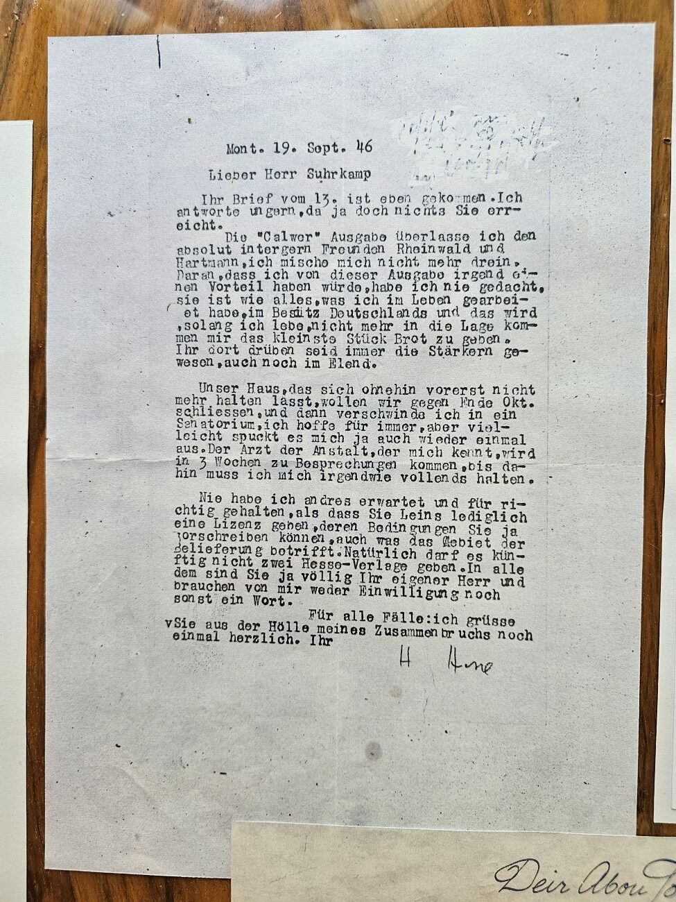 Brief von Hermann Hesse an seinen Verleger Suhrkamp