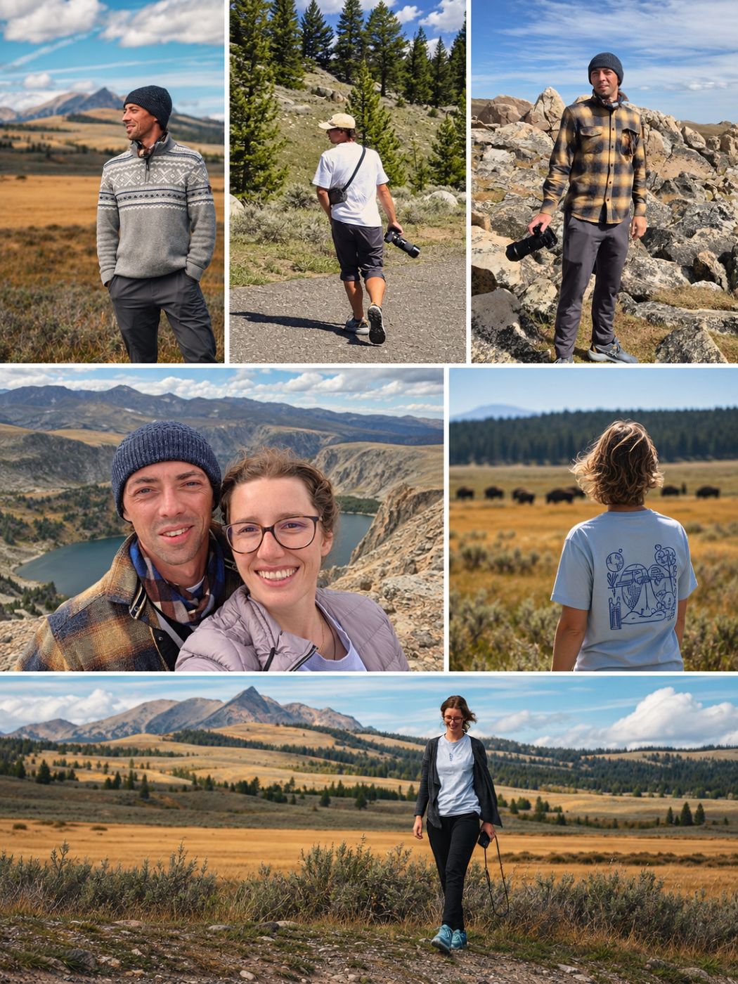 Collage: Im Yellowstone Nationalpark braucht man fast täglich jede Art von Kleidung, da Wetter und Temperaturen sich schnell ändern